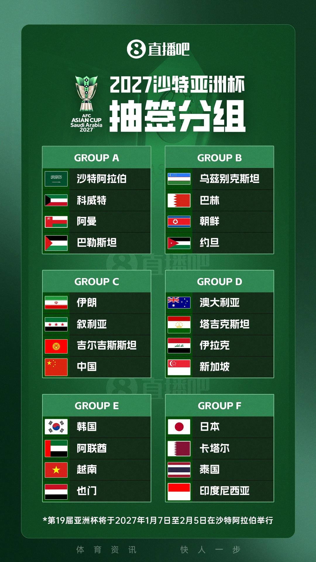 黄金时间看国足!官方:国足亚洲杯3场小组赛均为21:30开球 黄金时间看国足!官方:国足亚洲杯3场小组赛均为21:30开球